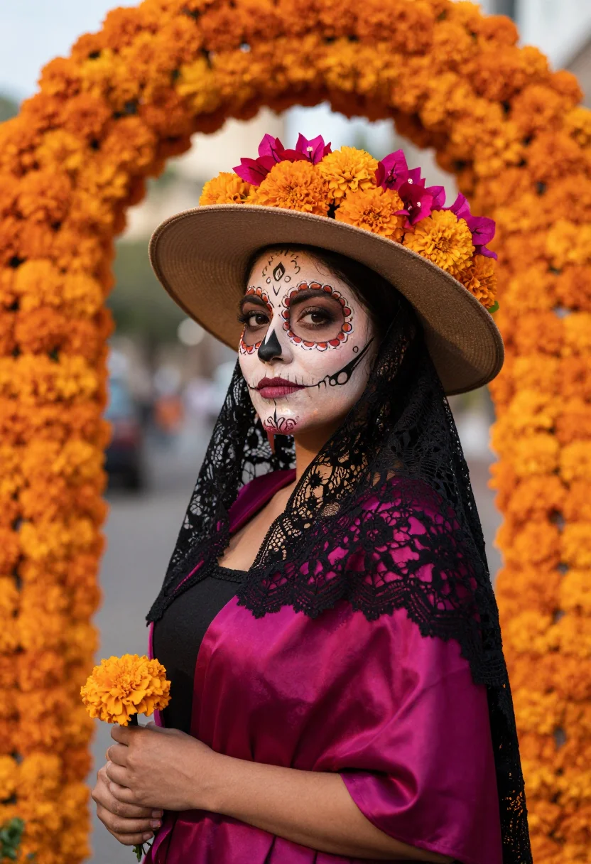Cempasúchil, floral calavera details and a vivid magenta shawl.