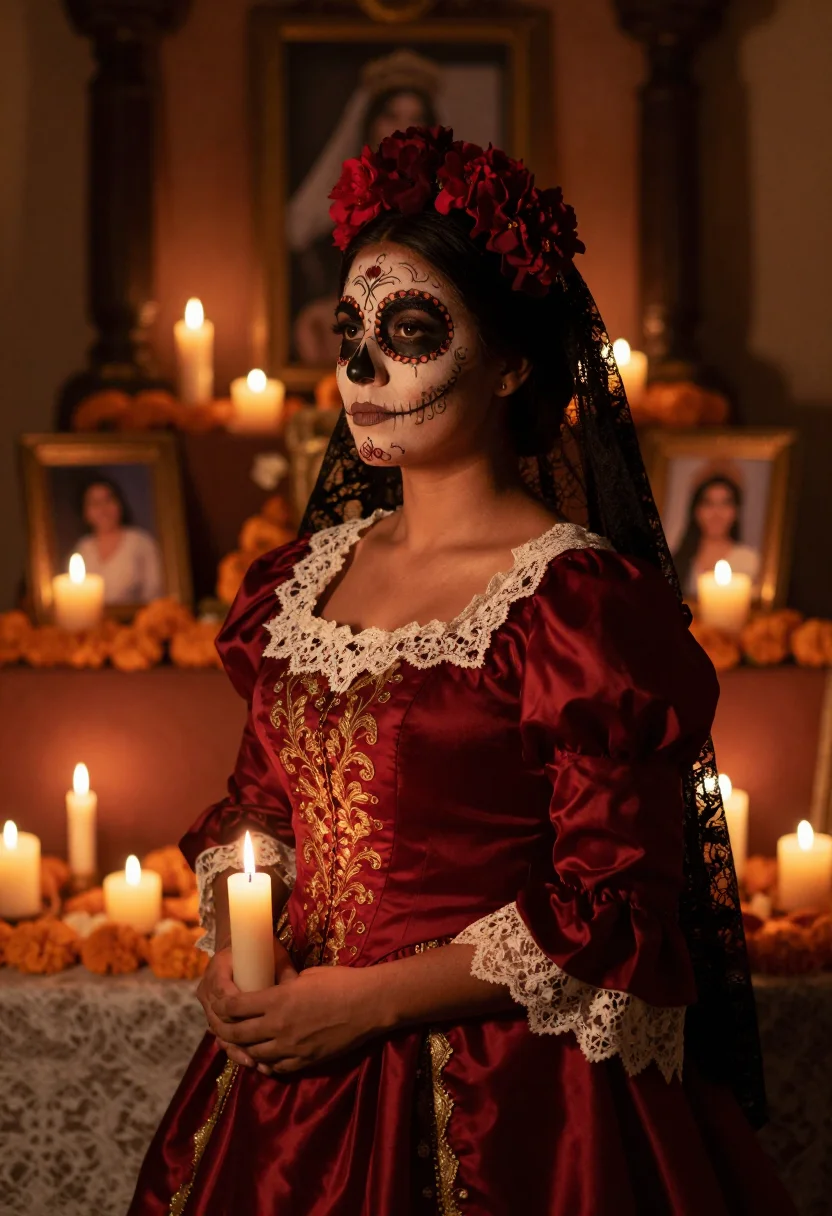 Crimson flowers, delicate lace and the warmth of an ofrenda.