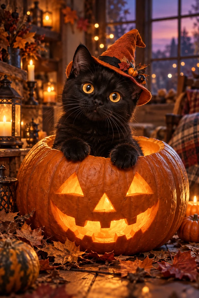 A black cat in a tiny witch hat sitting in a pumpkin