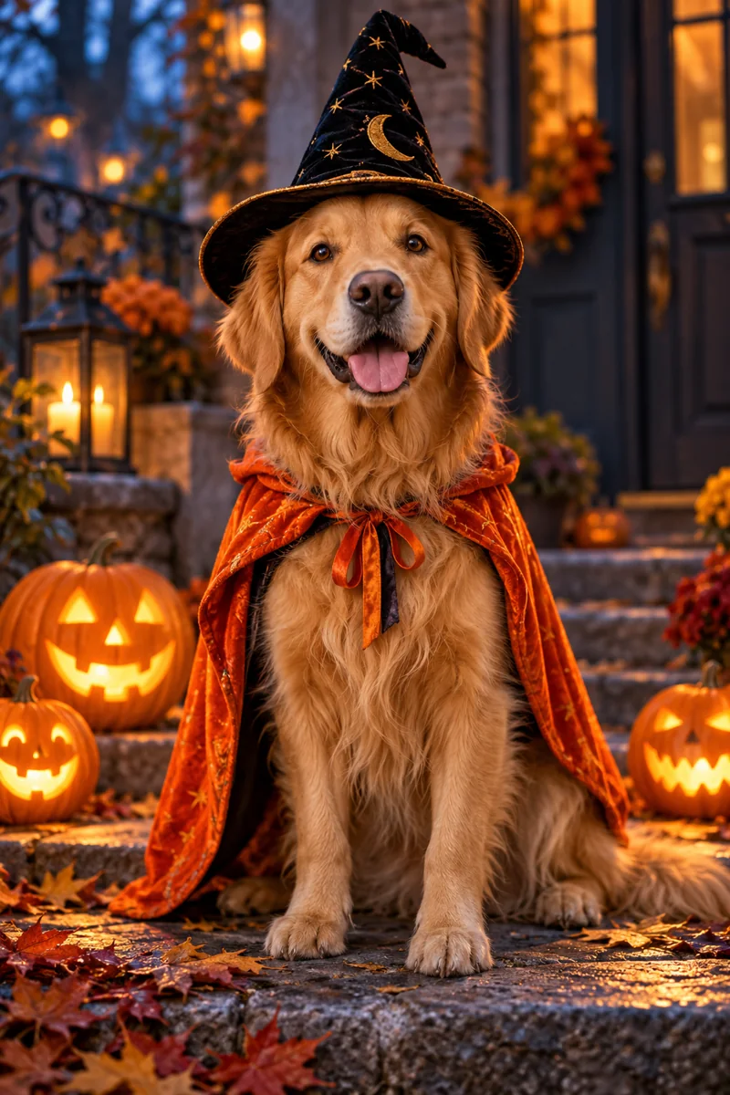 Golden retriever dressed as a tiny Halloween wizard