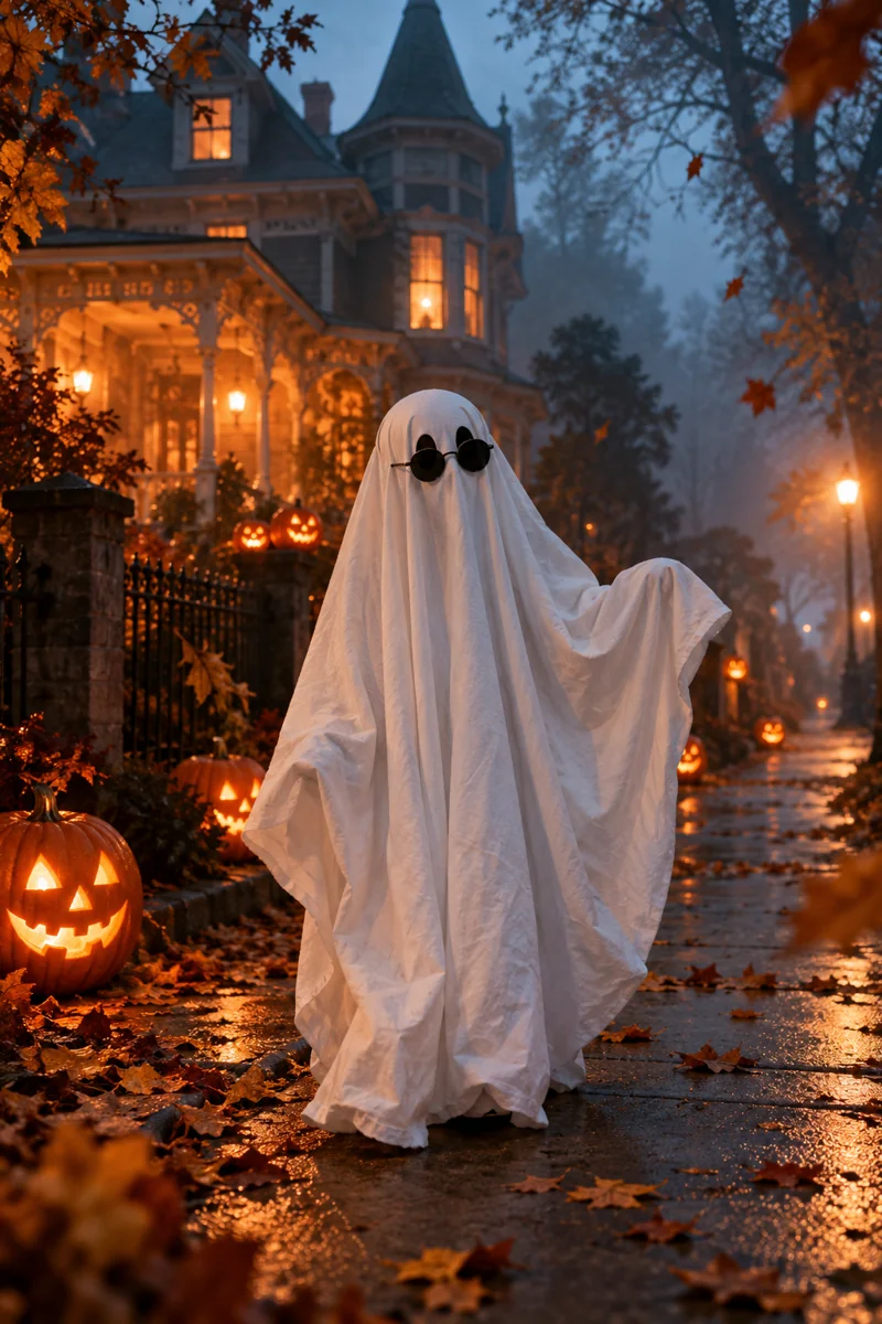 A cozy sheet ghost wearing sunglasses