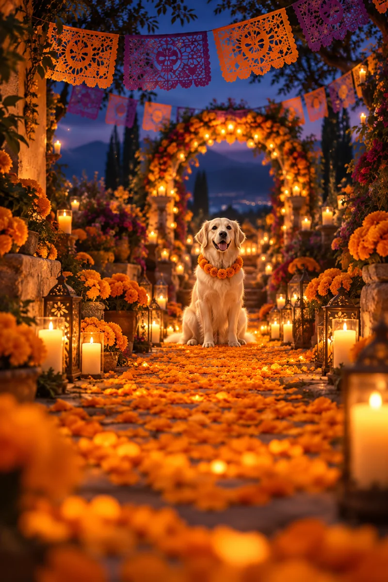 A dog on a marigold path beneath a candlelit floral arch