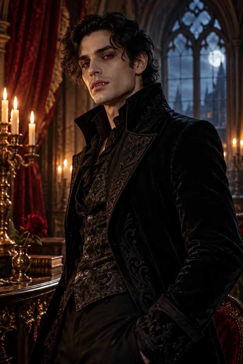 An elegant vampire in a candlelit gothic mansion