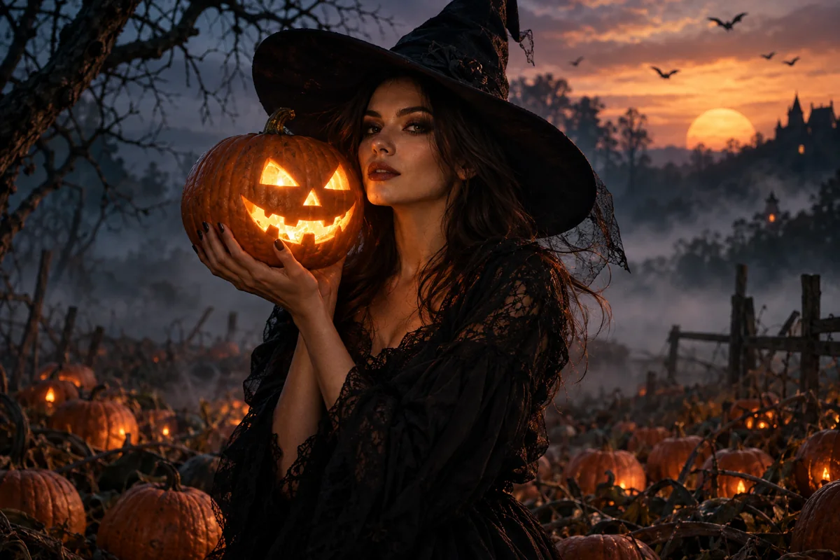 Cinematic witch portrait with a glowing jack-o-lantern