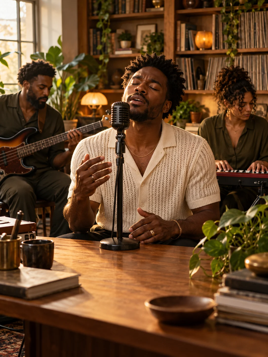 Original concept: a singer and live band performing behind a warm wooden office desk